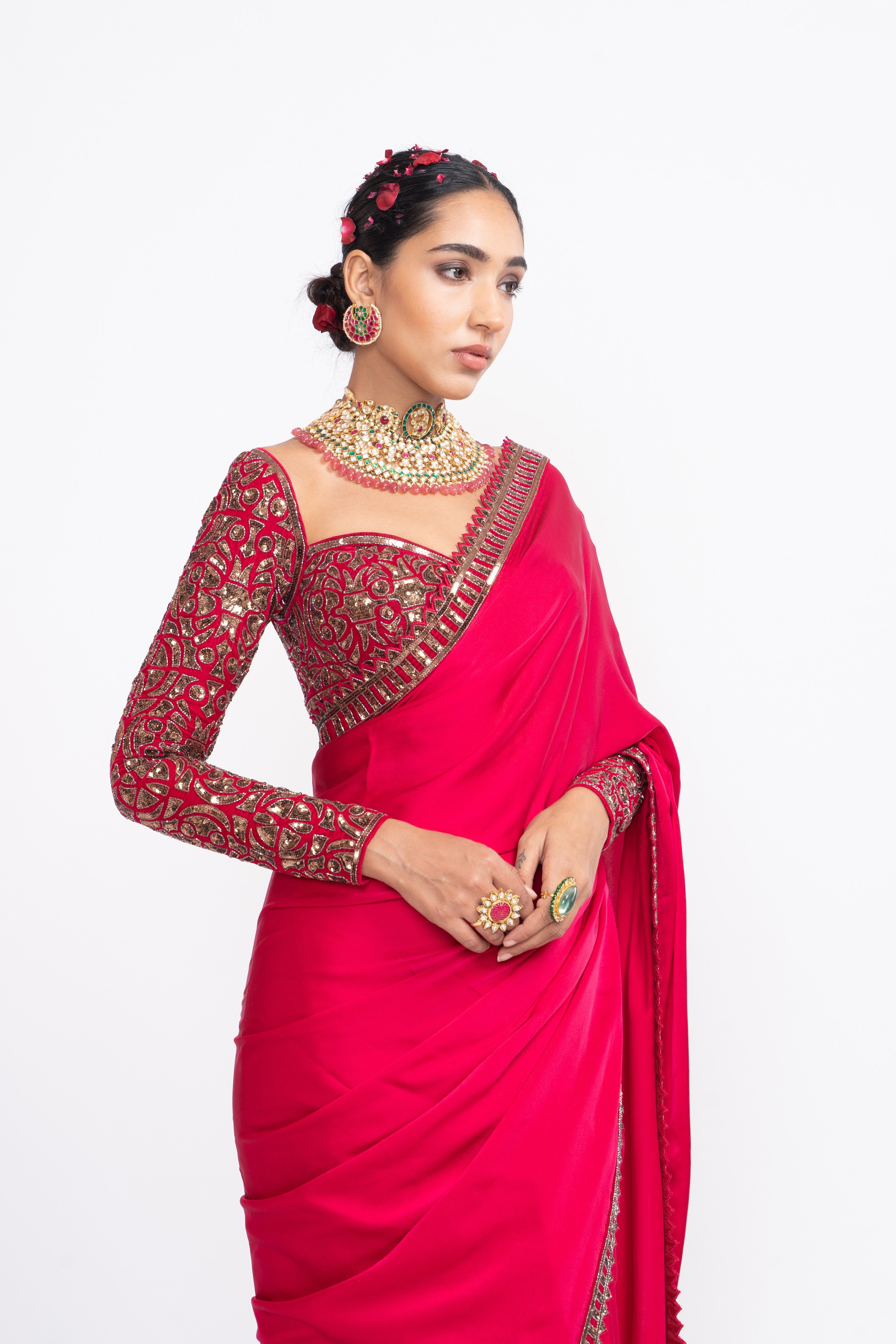 Vvani Vats - Red Satin Saree Set