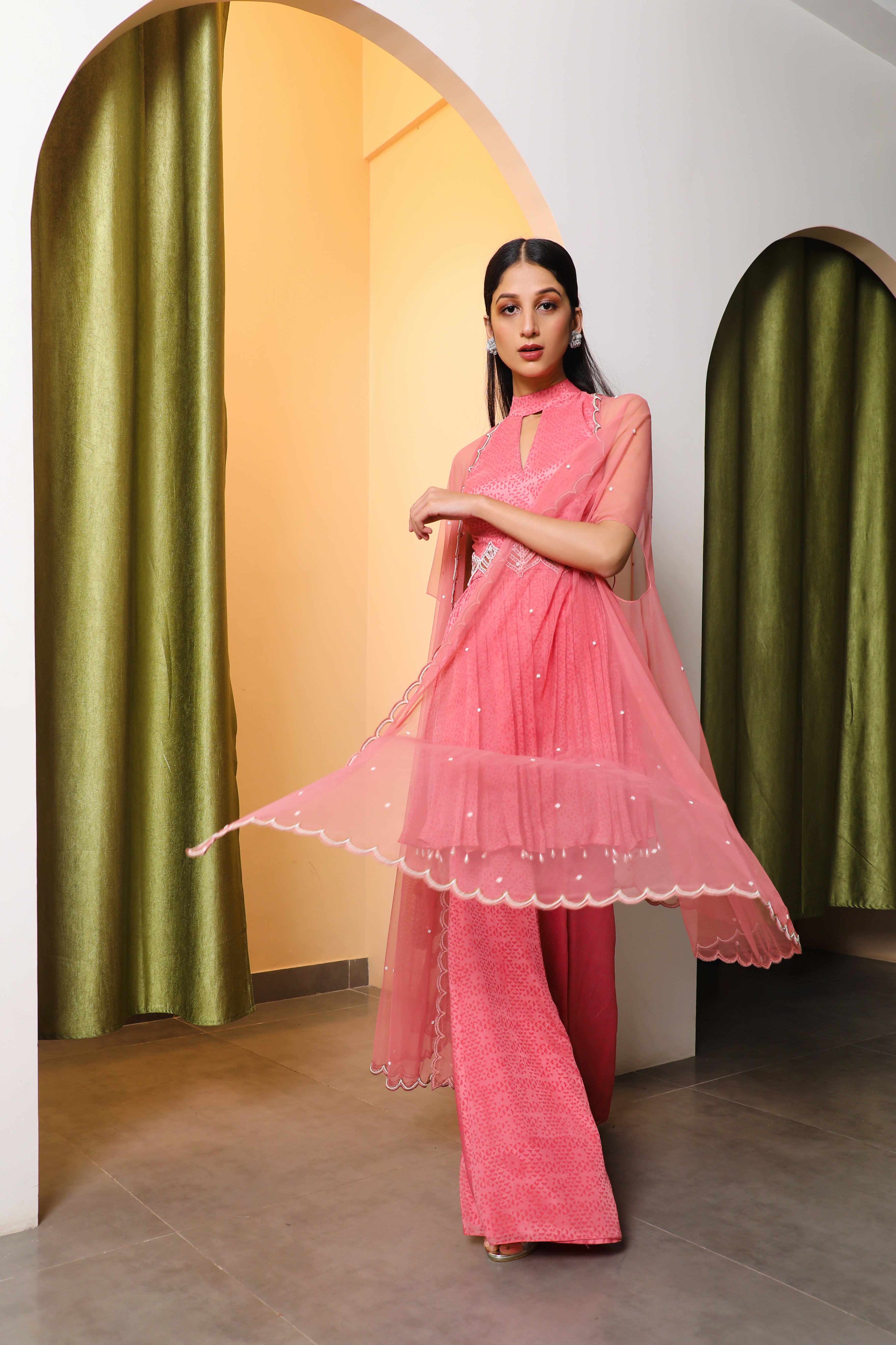 Vidushi Gupta - Arushi - Punch Pink Chiffon & Net Pant Set
