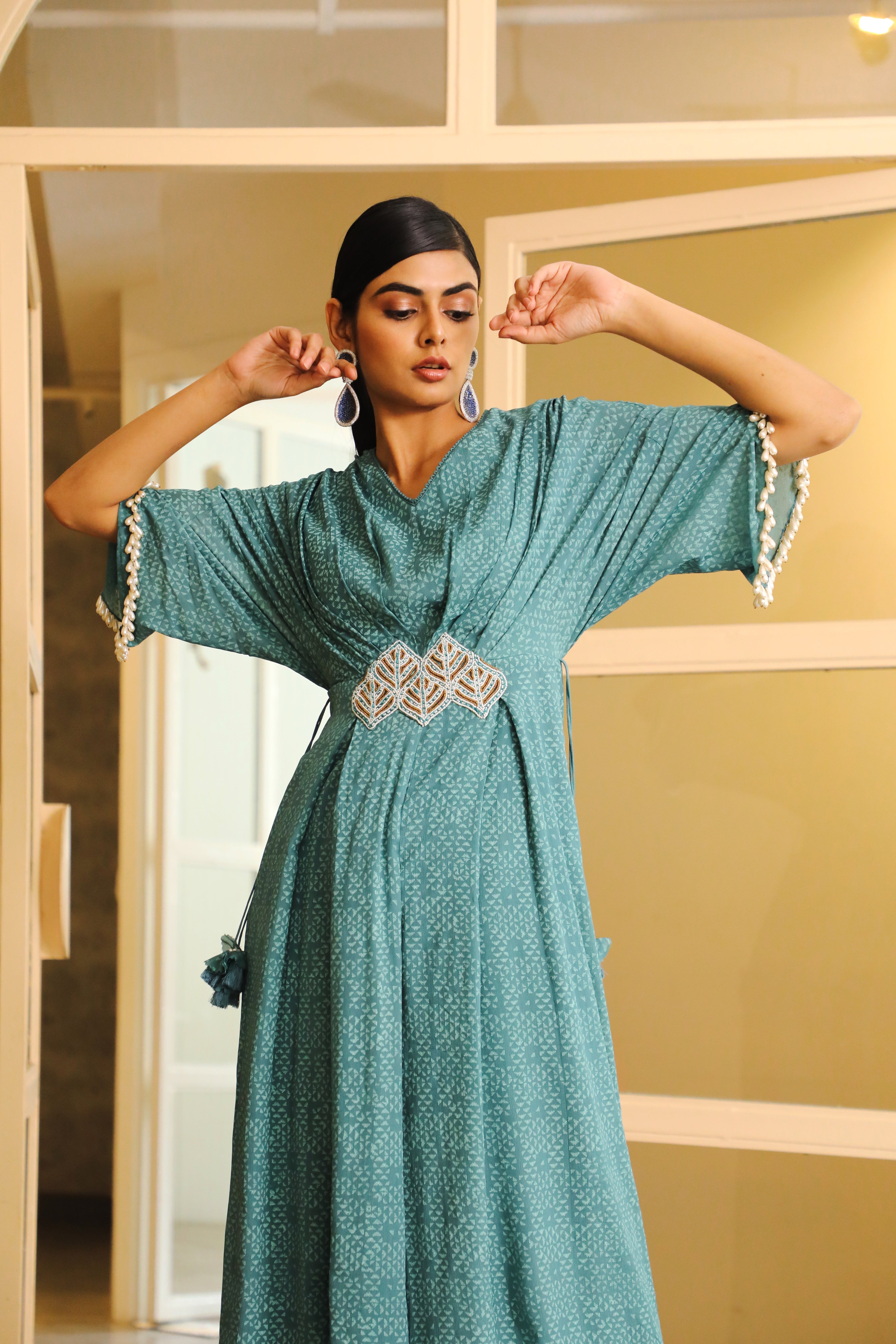 Vidushi Gupta - Hezal - Teal Blue Hand Block Printed Jumpsuit